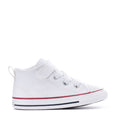 Toddler white high-top sneakers with red/blue side stripe, lace-up and strap