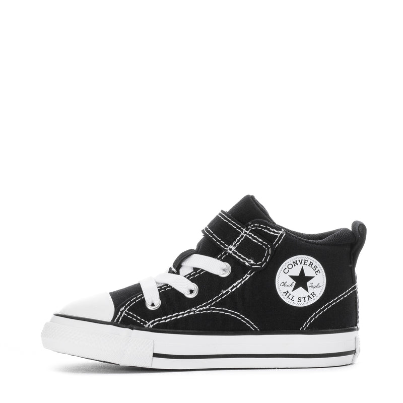 Toddler black Converse All Star high-top sneakers with white laces and stitched seams.