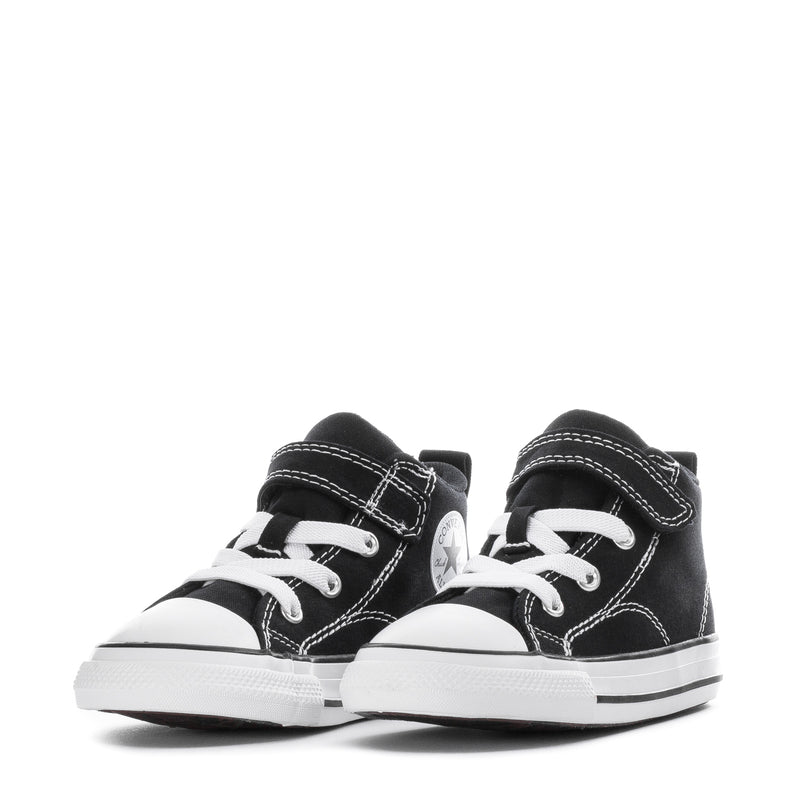 Toddler black high-top sneakers with white laces and contrast stitching, side-by-side.