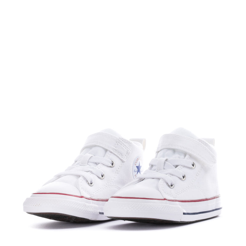 Pair of toddler white high-top sneakers with lace-up front and red/blue toe stripe