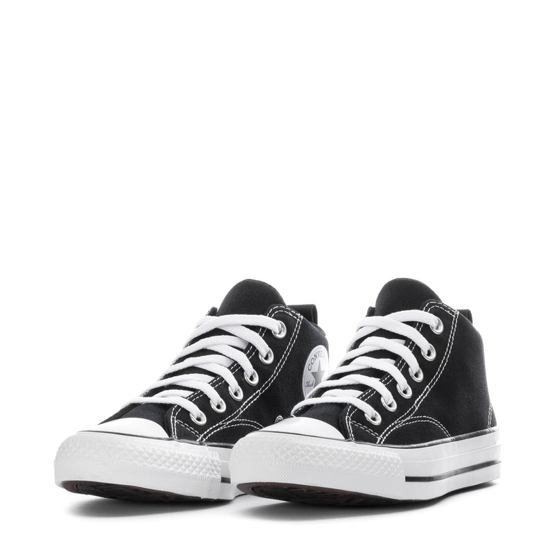 Youth black Converse All Star hi-top sneakers, front view, white laces and toe caps