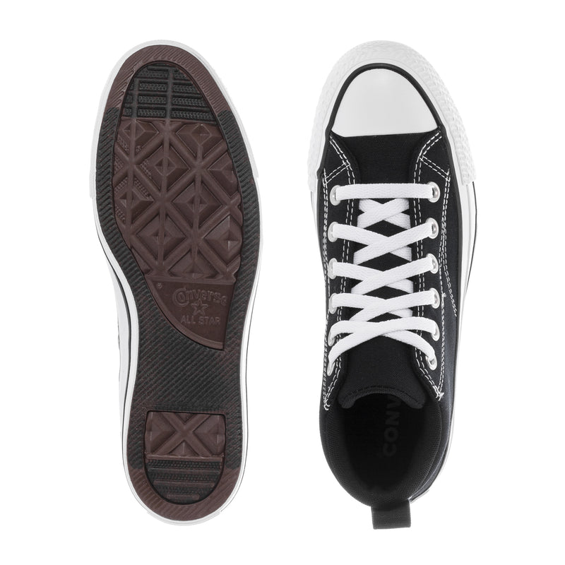 Youth black hi-top sneaker showing rubber outsole tread and white toe cap