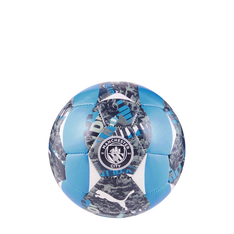 Manchester City pre-match mini soccer ball, light blue with gray camo panels and crest