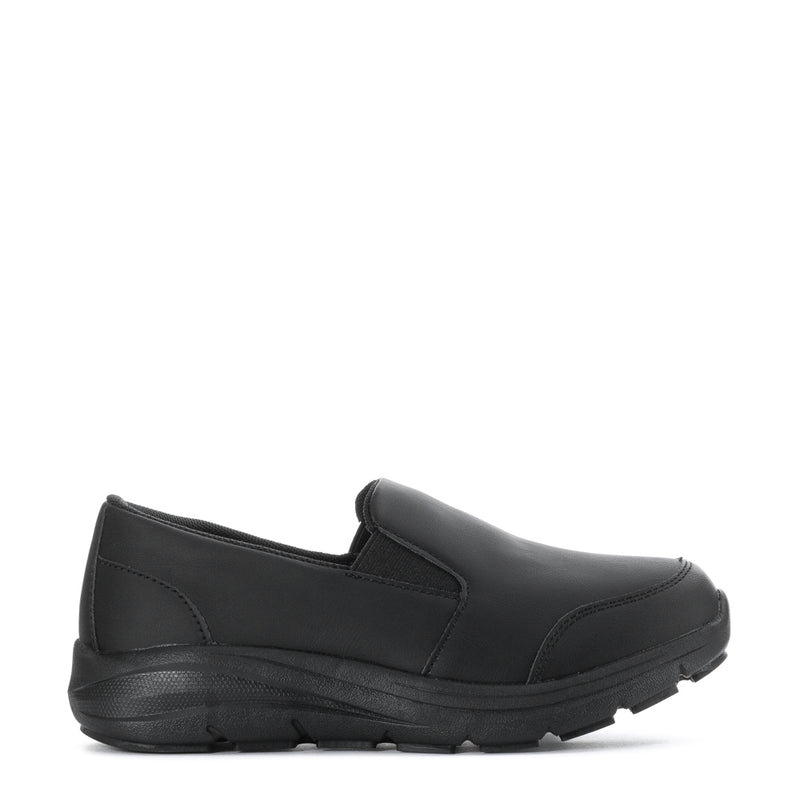 Women's black slip-on loafer with wide opening and cushioned sole