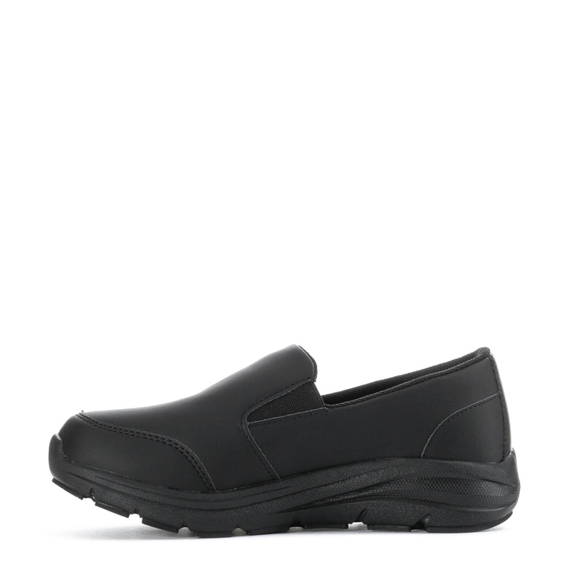 Women's black slip-on loafer with seam details and treaded rubber sole