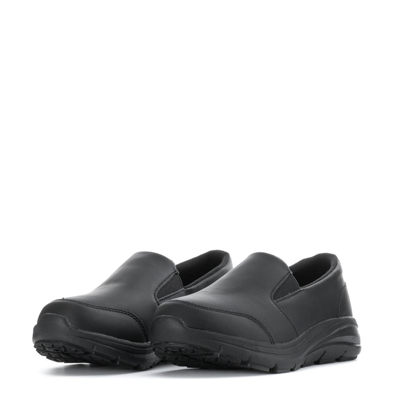 Women's black slip-on loafers with rounded toe and chunky rubber outsole