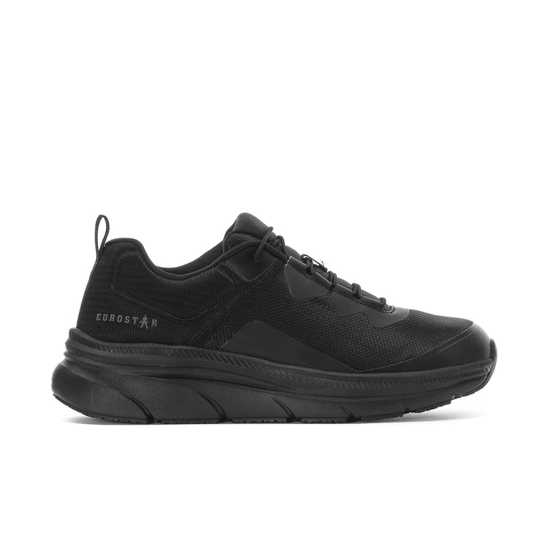 Men's black lace-up sneakers with padded collar and thick rubber sole