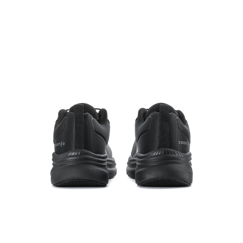 Pair of men's black sneakers from heel, padded back and treaded sole