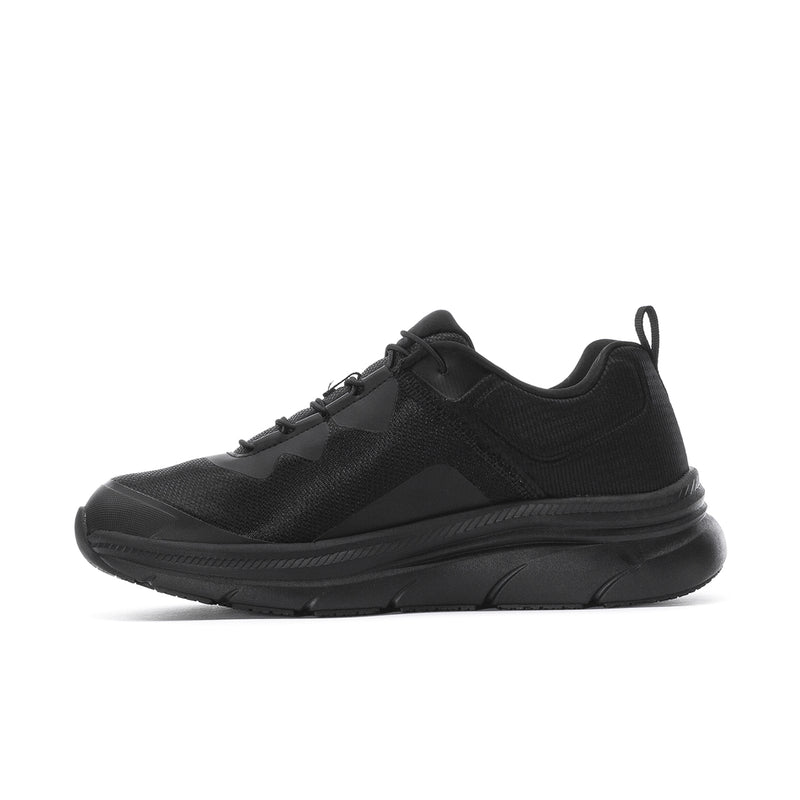 Men's black lace-up sneakers with side panel detailing and thick cushioned sole