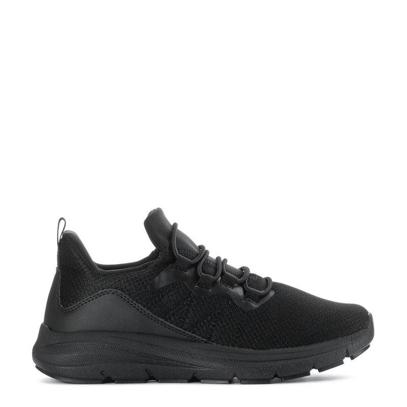 Women’s black lace-up sneaker with textured knit upper and cushioned sole