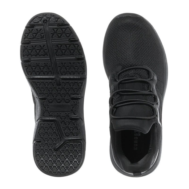 Women’s black sneaker outsole tread and lace-up upper shown in close view