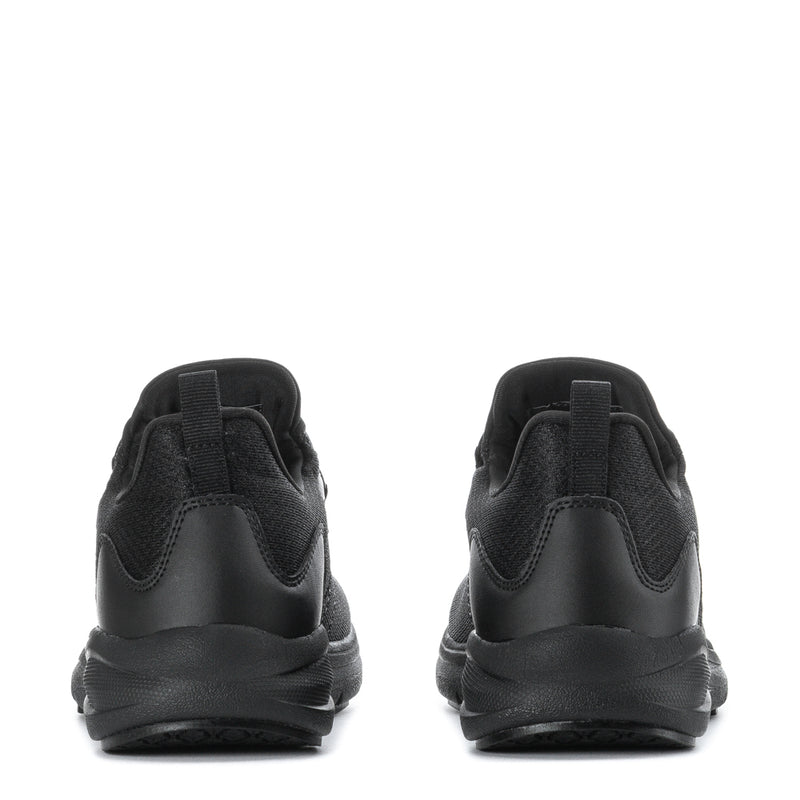 Women’s black lace-up sneaker heel view with padded collar and rubber outsole