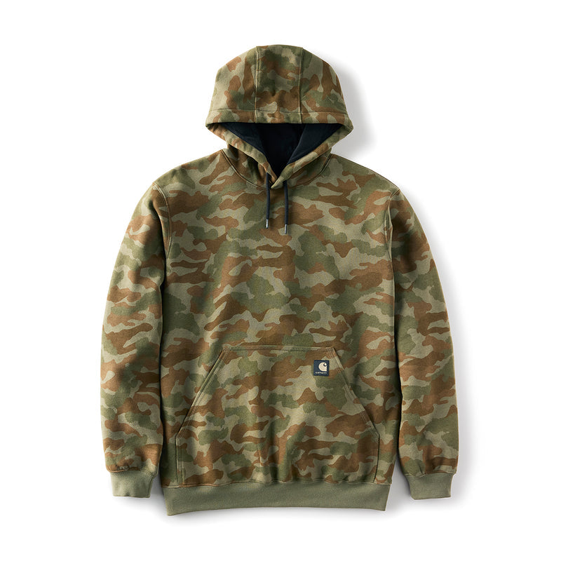 Men's camo sweatshirt hoodie in army green with drawstring hood and front kangaroo pocket