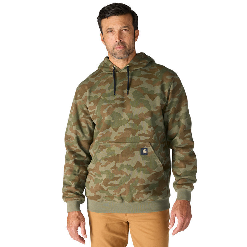 Men's army green camo hoodie with front pocket, drawstring hood, and ribbed cuffs