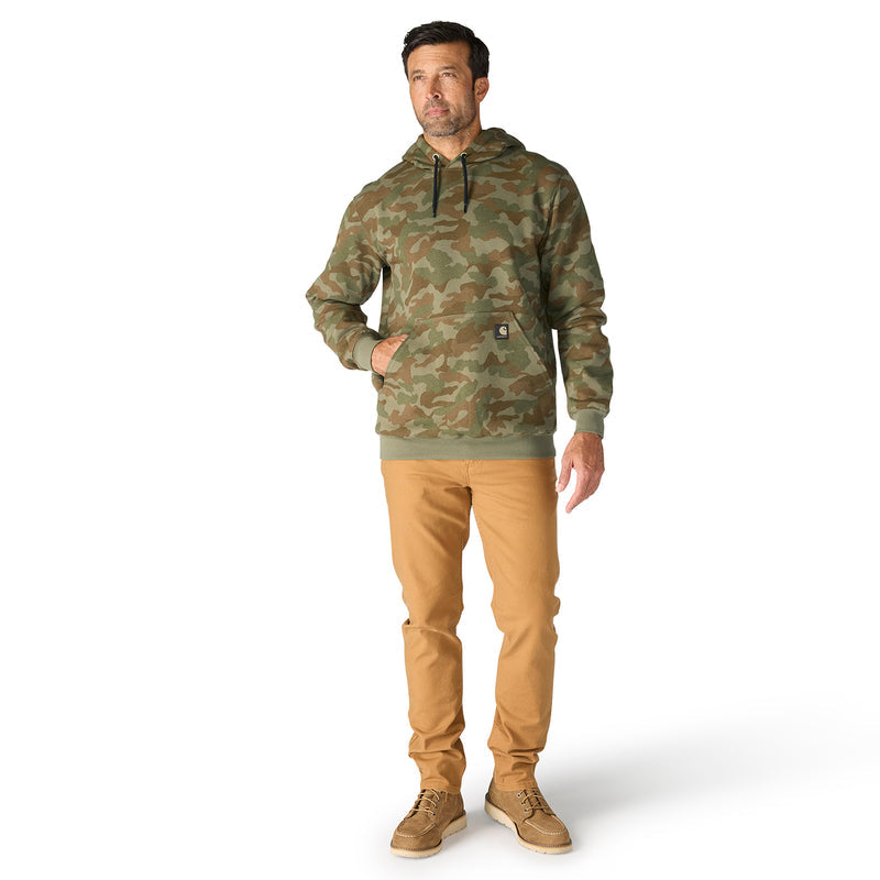 Men's army green camo pullover hoodie with drawstring hood and kangaroo pocket