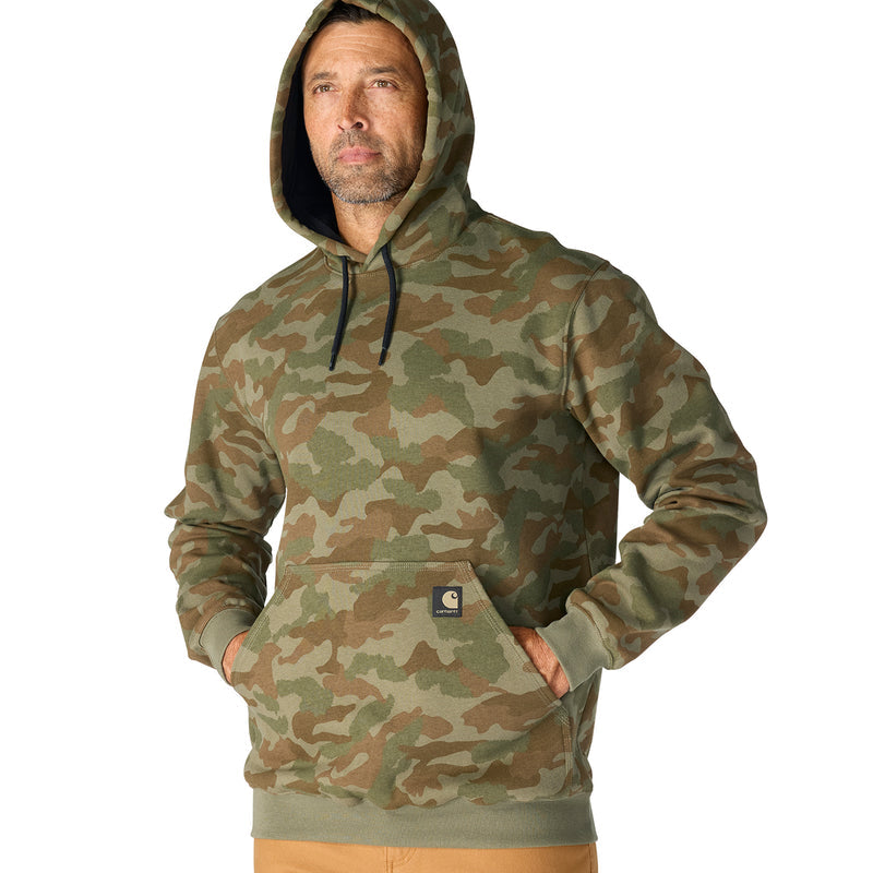 Men's army green camo hoodie with drawstring hood and logo patch on front pocket