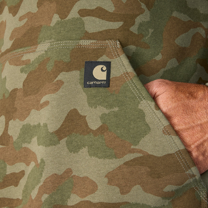Carhartt logo patch on front pocket of army green camo hoodie