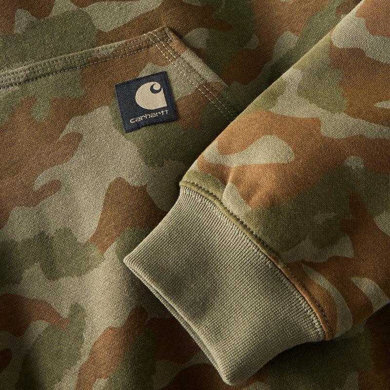 Ribbed cuff and hem detail on army green camo hoodie with Carhartt patch