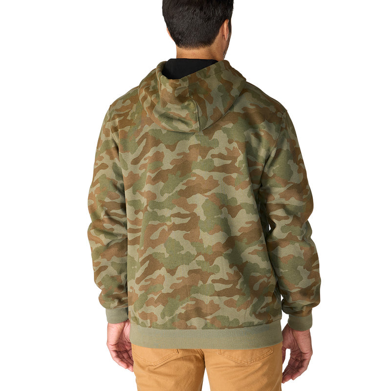 Back view of men's army green camo pullover hoodie with ribbed hem