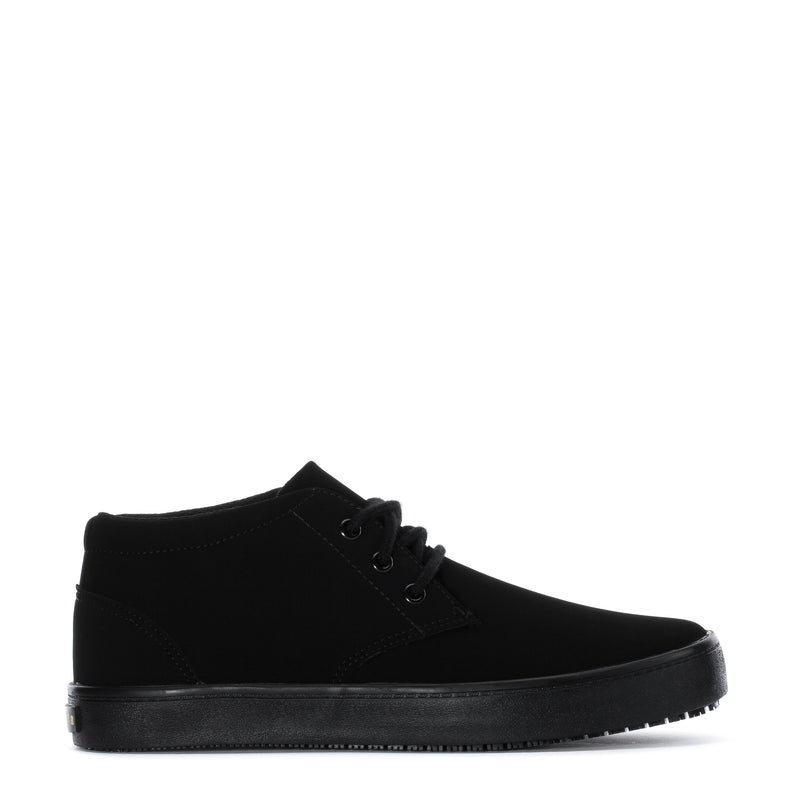 Black men's lace-up chukka boot with padded collar and rubber outsole
