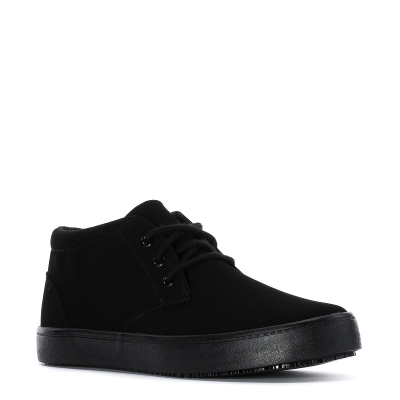 Black lace-up chukka boot with low rubber sole and visible side stitching