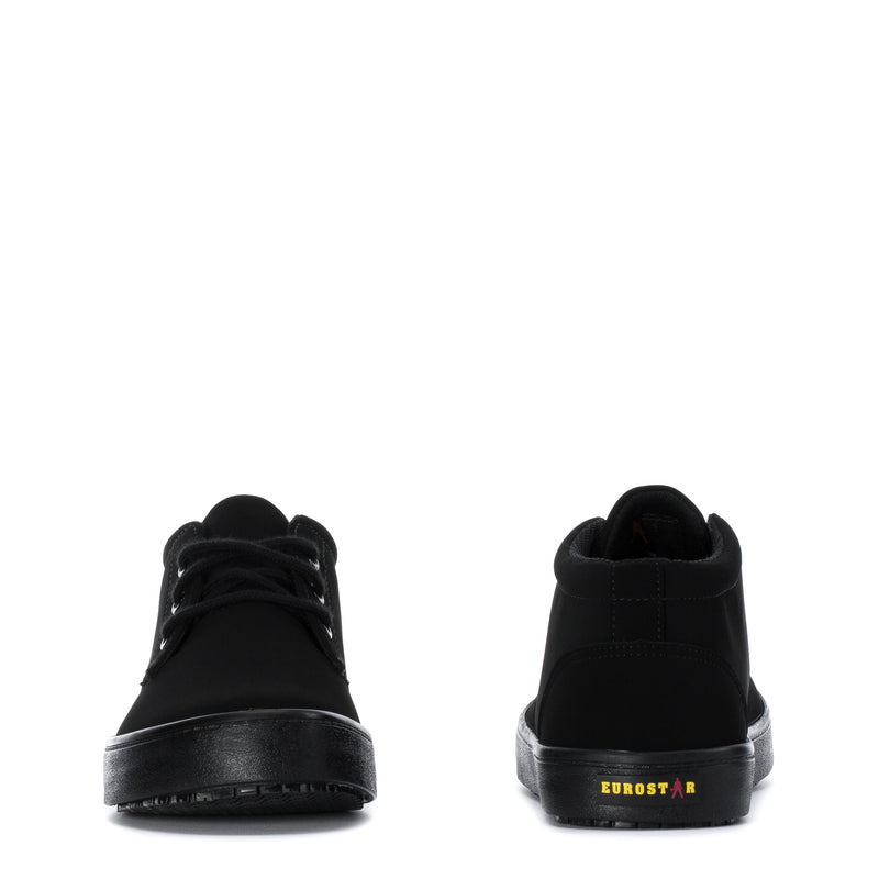 Black lace-up chukka boots, front and heel views, with Eurostar logo on heel