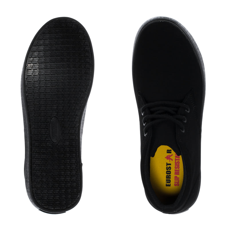 Black lace-up chukka boots, outsole and insole view, with Eurostar branding