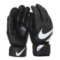 Black goalkeeper gloves with white Nike swoosh logo and wrist strap