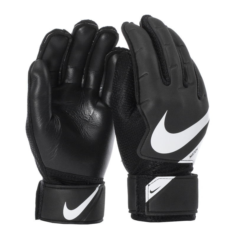 Black goalkeeper gloves with white Nike swoosh logo and wrist strap