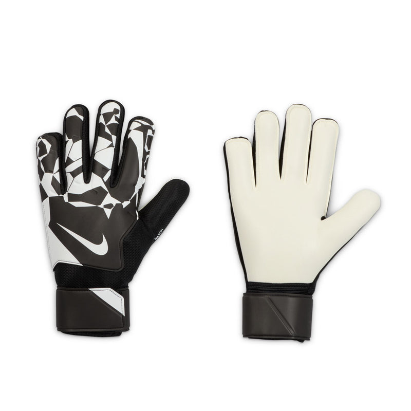 Goalkeeper gloves pair in black-and-white with bold Nike logo, padded wrist closure
