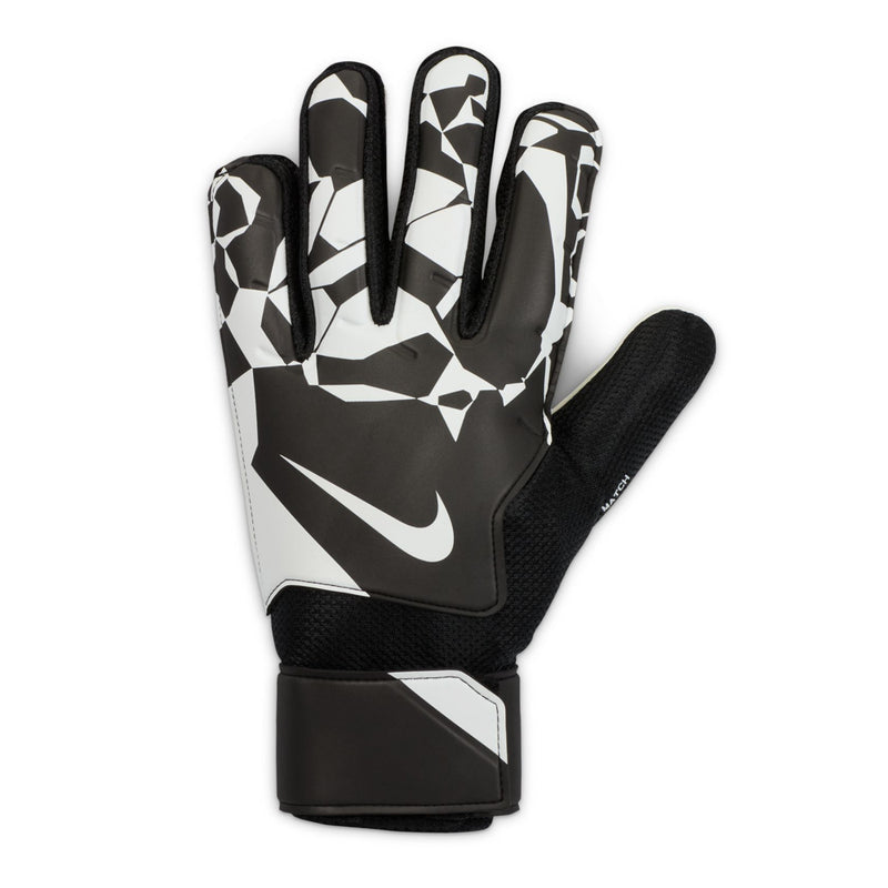 Black-and-white goalkeeper glove with Nike logo and textured backhand, padded wrist