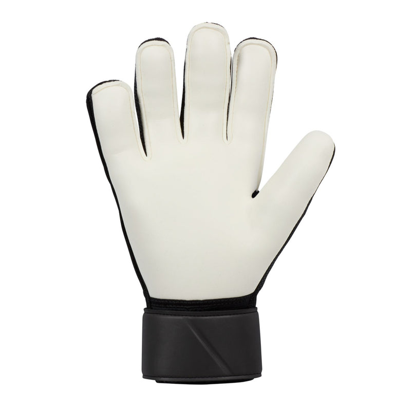White goalkeeper glove with black wrist strap and smooth palm, padded cuff