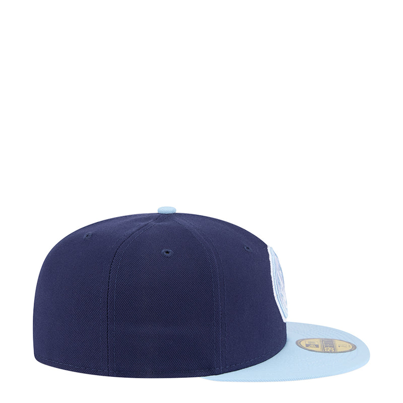 Two-tone navy baseball cap with light gray brim, side profile