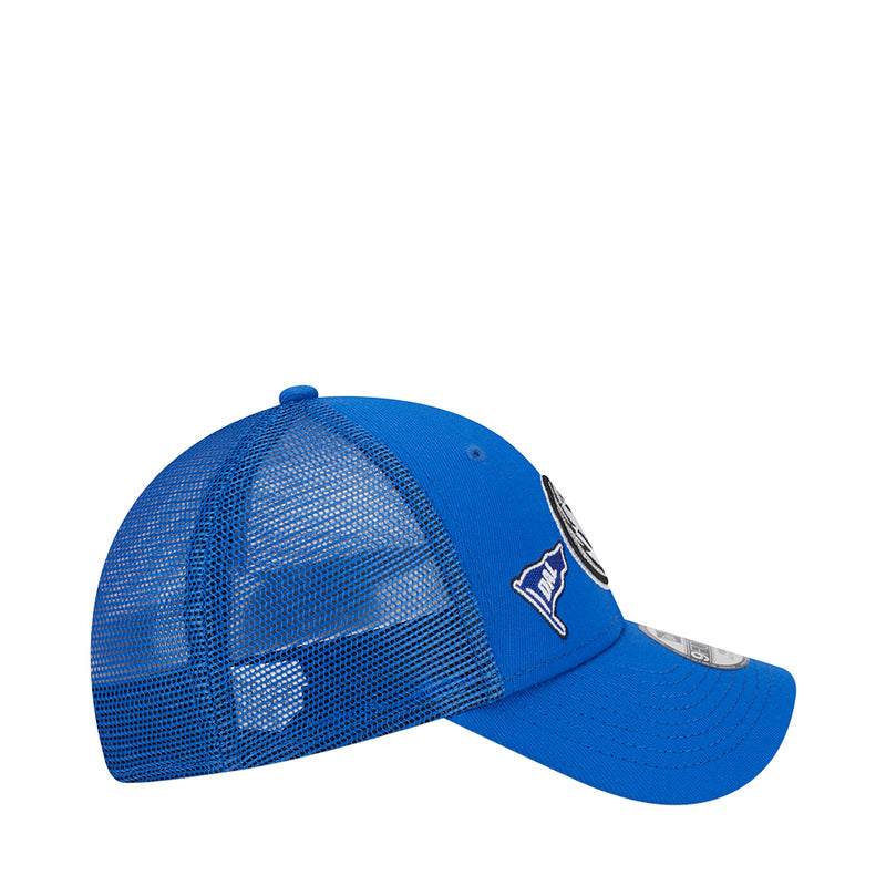 Kids blue mesh trucker cap, side view with Mavericks logo embroidery