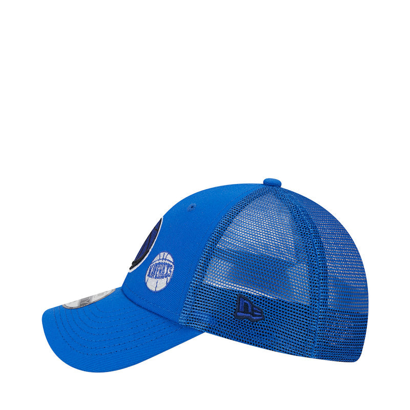 Kids blue mesh trucker cap, side view with round Mavericks patch