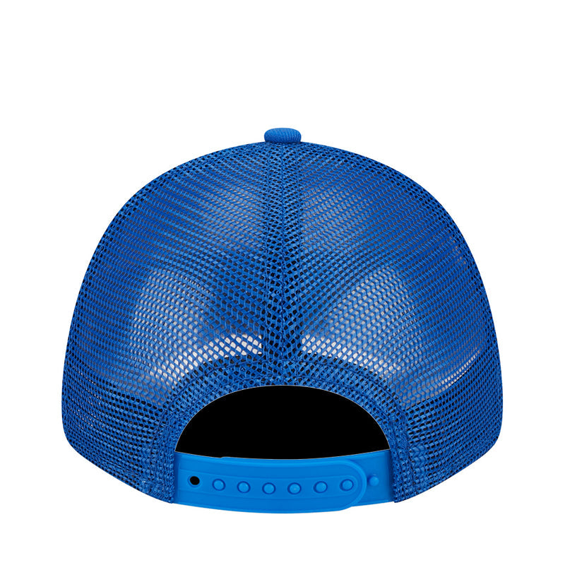 Kids blue mesh trucker cap, rear view with adjustable plastic snap strap