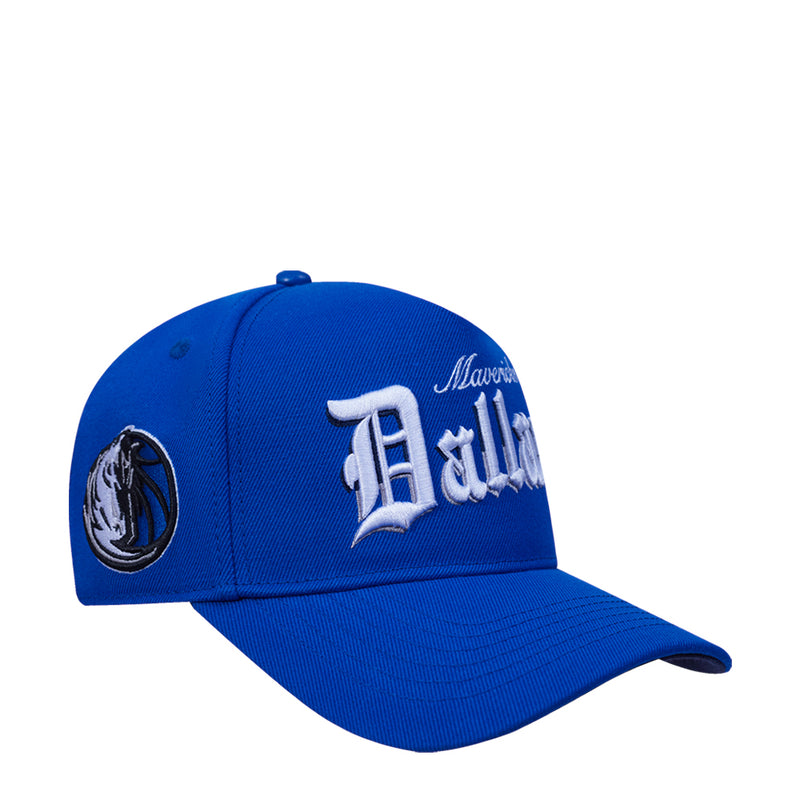 Blue snapback cap with front logo embroidery and side circular emblem