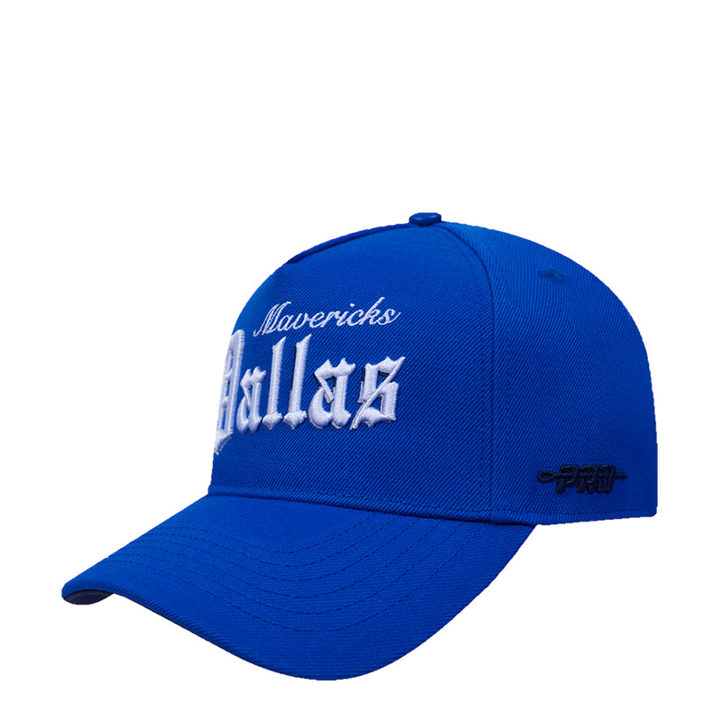 Blue snapback cap showing embroidered “Mavericks” and “Dallas” on the front