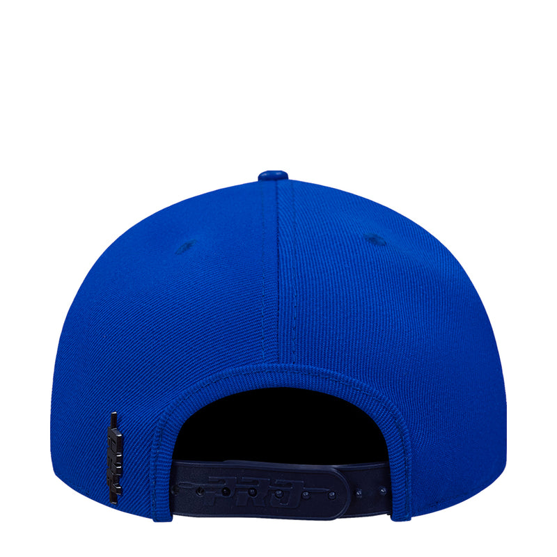 Blue snapback cap back view with adjustable strap and small ventilation eyelets