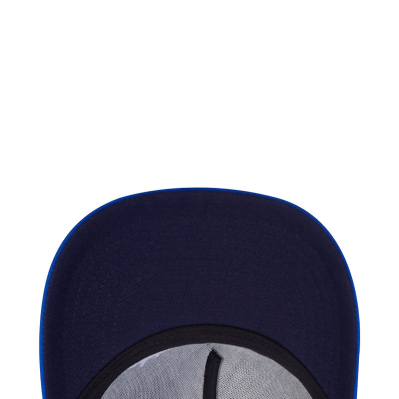 Interior of blue snapback cap with gray underside and dark navy brim