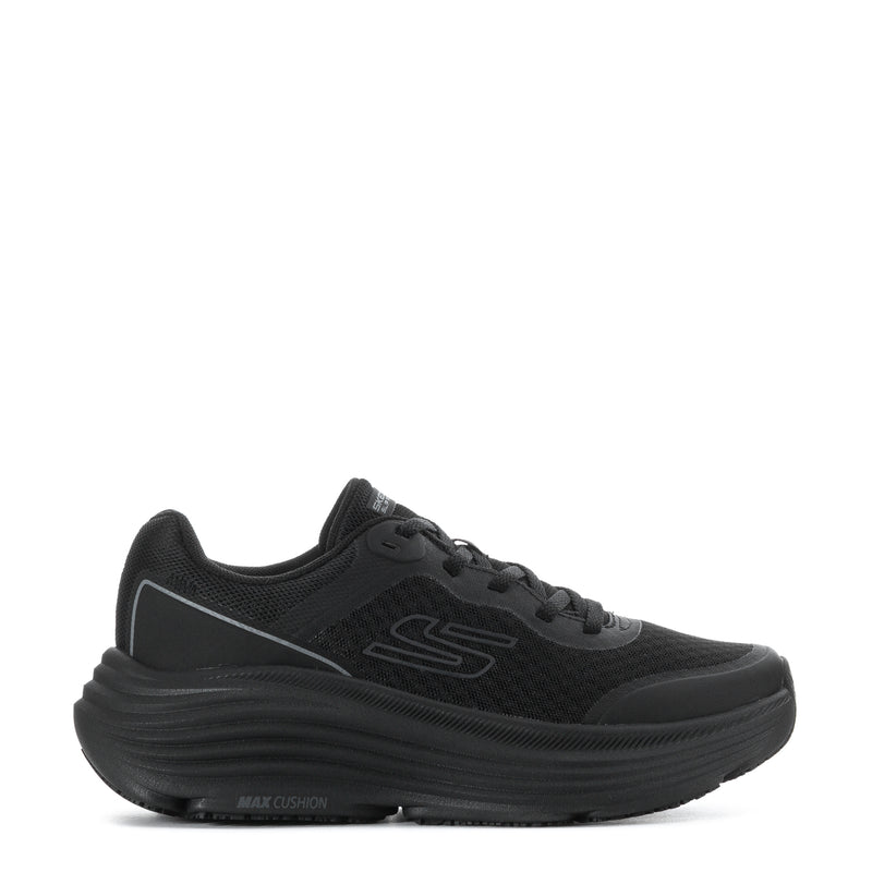 Black women's lace-up cushioning sneakers with textured upper and thick rubber sole