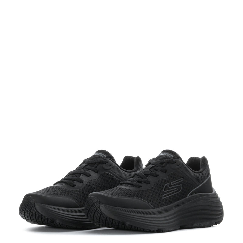 Black women's lace-up sneakers, front view showing laces and mesh texture