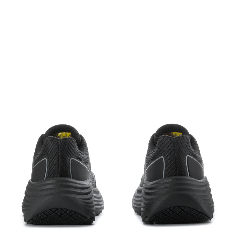 Black women's sneakers heel view with cushioned collar and textured outsole