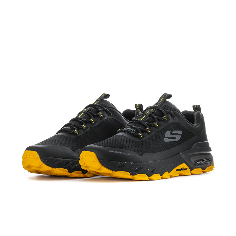 Black men's sneakers, two-quarter view, yellow laces trim, Skechers S and Outdoor