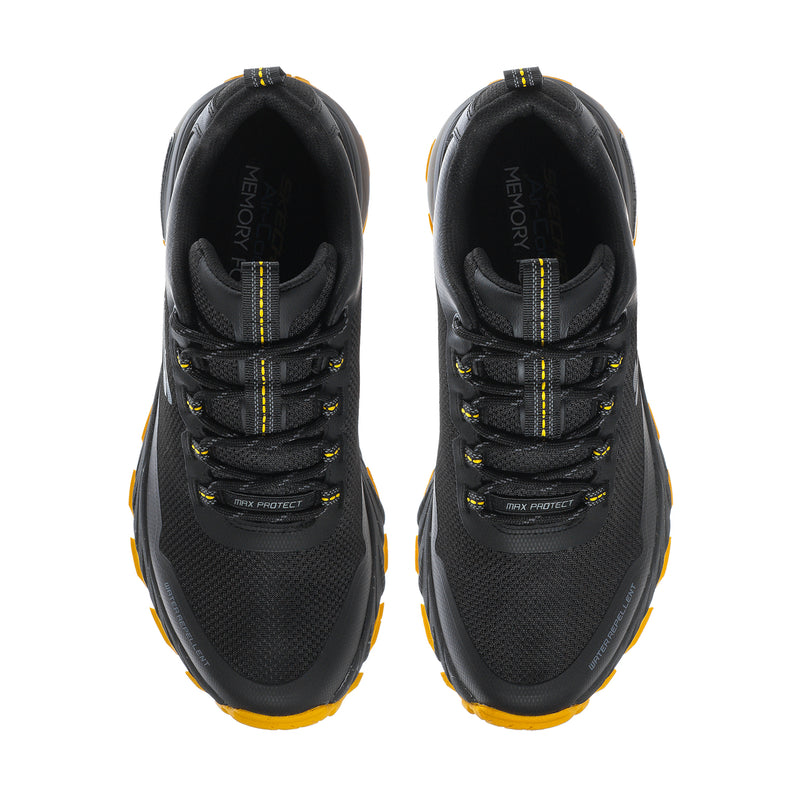 Pair of black men's lace-up sneakers with yellow accent stitching and Memory Foam lining