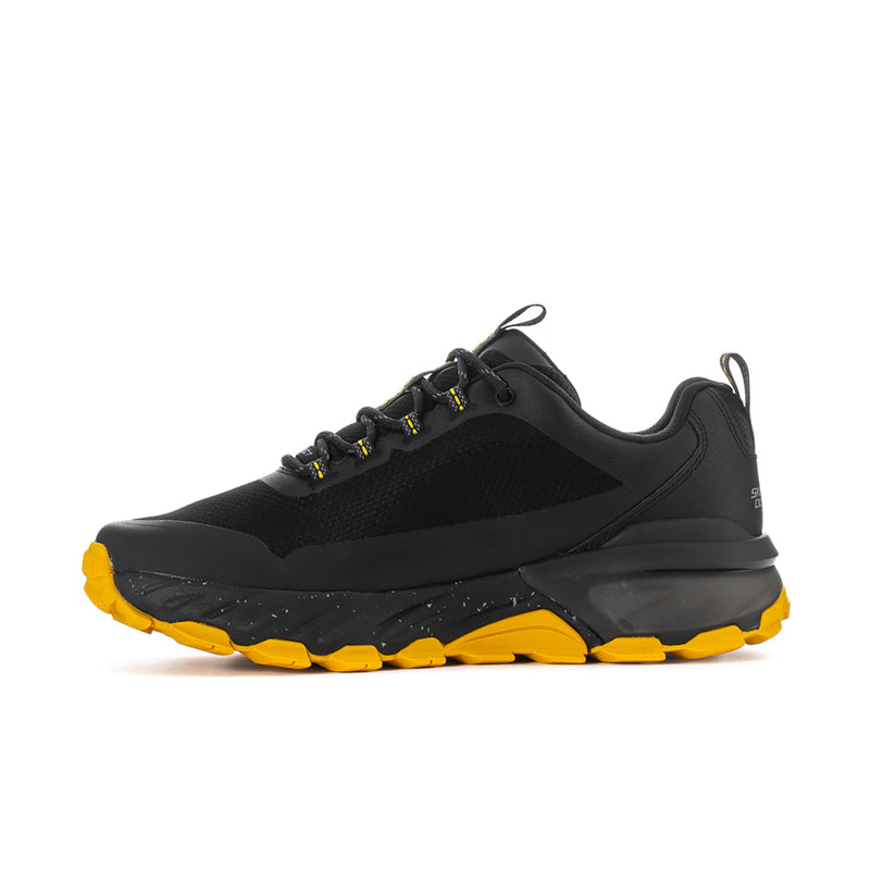 Black men's lace-up hiking-style shoe with yellow edge outsole and rugged tread