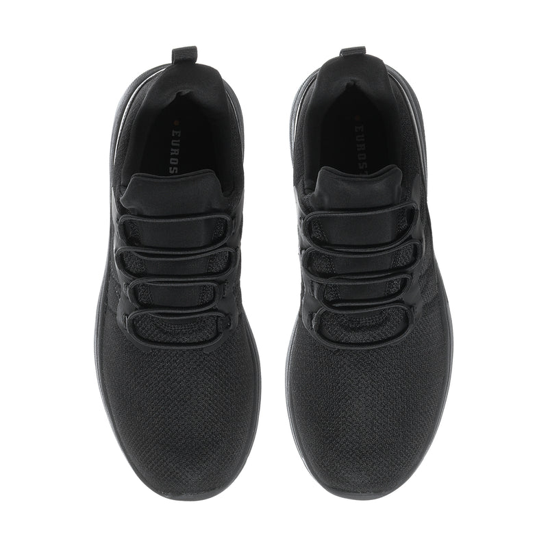 Men's black lace-up sneaker, toe and tongue view, cushioned collar