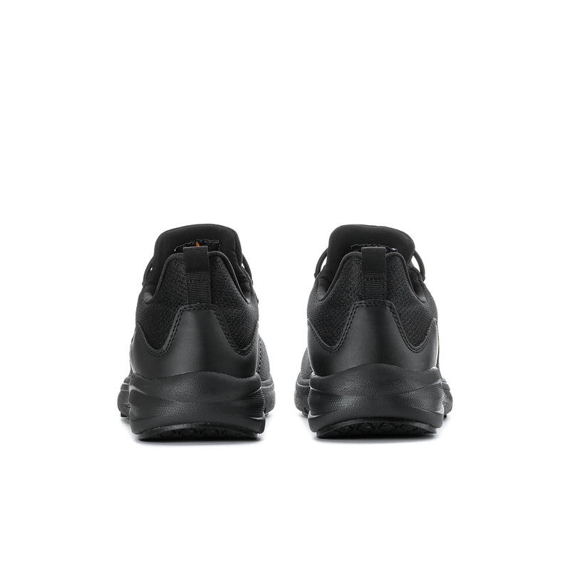 Men's black lace-up sneaker, heel view with pull tab