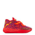Red low-top basketball sneaker with purple print upper and neon yellow logo, side view.