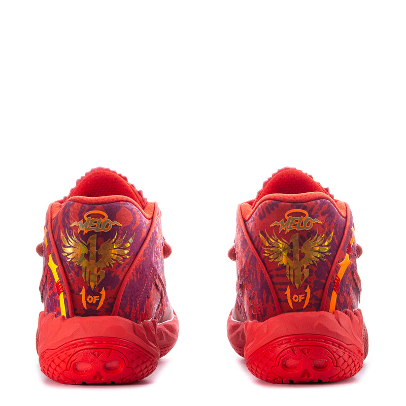 Red sneaker heels with purple graphic panels and textured rubber tread, rear view.